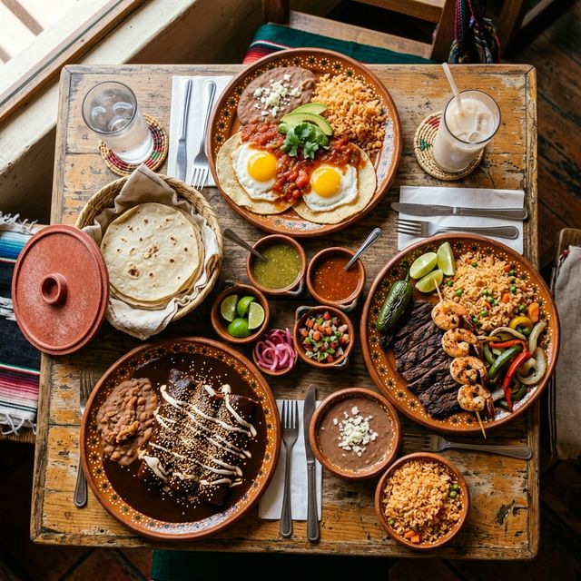 A full spread of Mexican food at Emilia's restaurant — plates of enchiladas, steak, huevos rancheros, and fresh tortillas