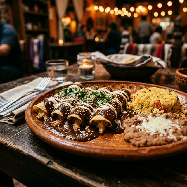 Emilia's signature enchiladas de mole — handmade tortillas with 24-ingredient heritage mole poblano