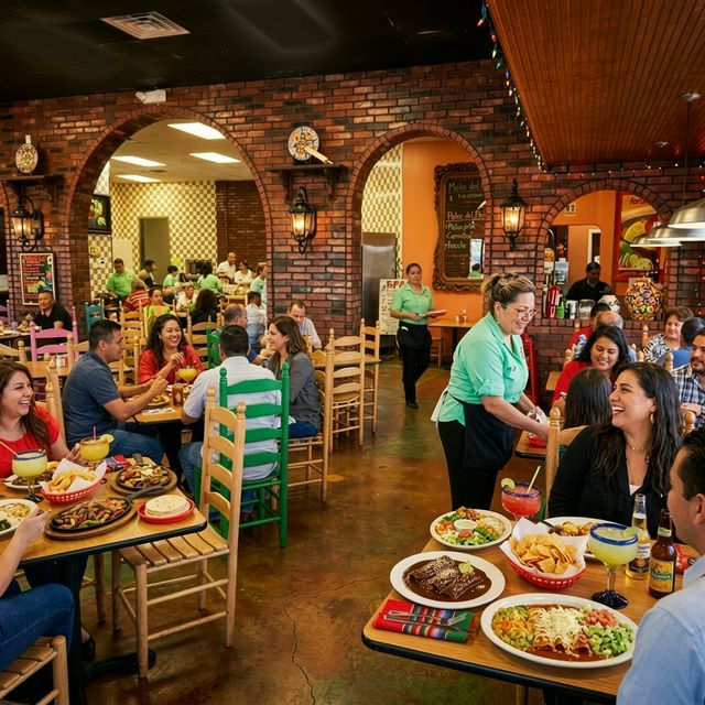 A bustling table at Emilia's Restaurant featuring a beautiful feast of authentic Mexican food — vibrant decor and happy diners