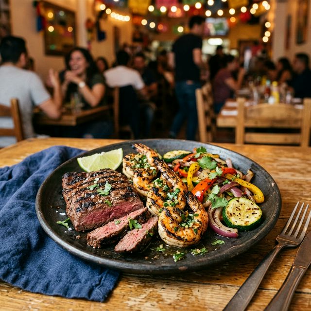 Mar Y Tierra — grilled skirt steak with cilantro-lime shrimp, Mexican surf and turf